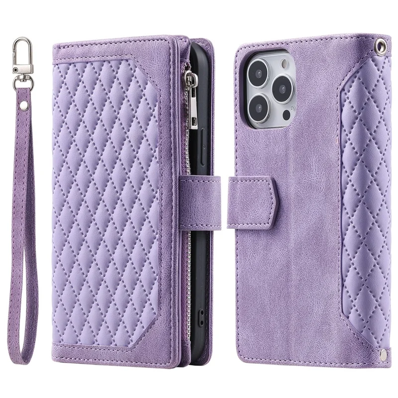 Style 005 Für iPhone 16 Pro Max Hülle Rautenförmige Naht PU-Leder Reißverschluss Brieftasche Handyhülle - Lila