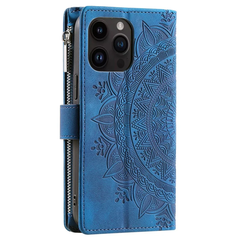 006 For iPhone 16 Pro Max Case PU Leather Zipper Phone Cover Mandala Flower Pattern - Blue