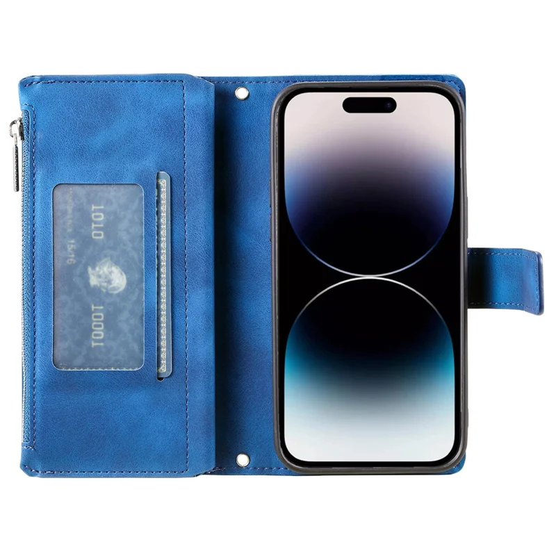 006 For iPhone 16 Pro Max Case PU Leather Zipper Phone Cover Mandala Flower Pattern - Blue