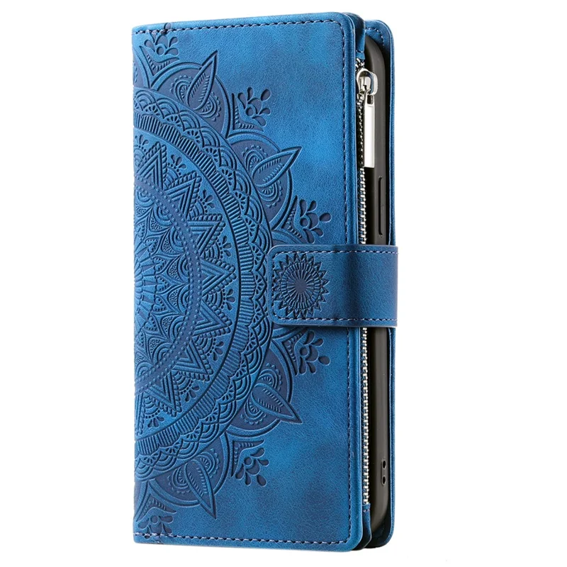 006 For iPhone 16 Pro Max Case PU Leather Zipper Phone Cover Mandala Flower Pattern - Blue