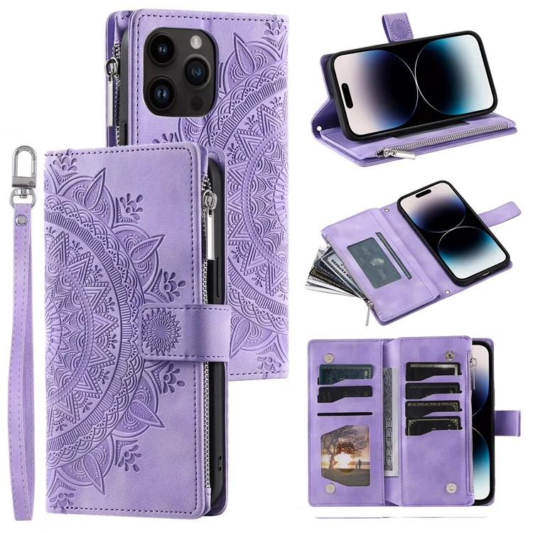 006 Für iPhone 16 Pro Case Mandala Flower Zipper Pocket Ledertelefon-Abdeckung - Lila
