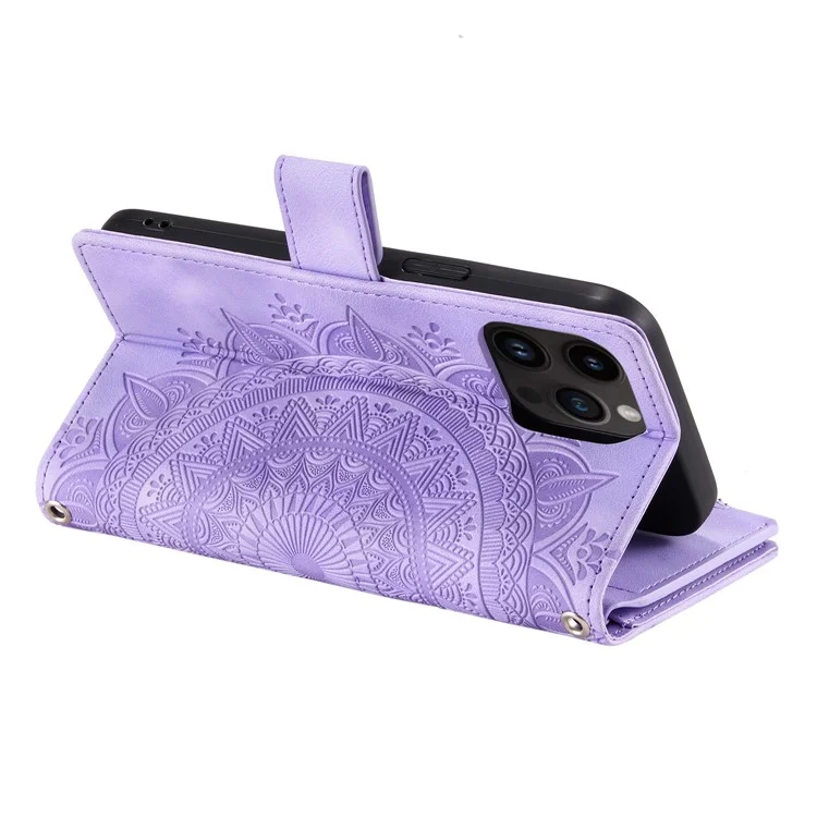 006 Für iPhone 16 Pro Case Mandala Flower Zipper Pocket Ledertelefon-Abdeckung - Lila
