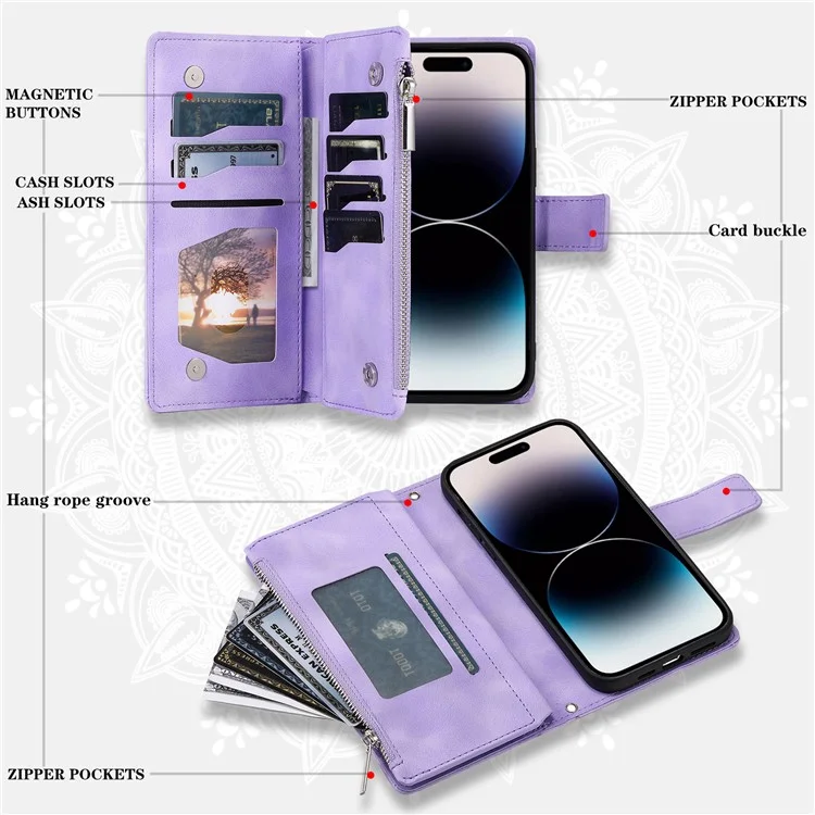 006 Für iPhone 16 Pro Case Mandala Flower Zipper Pocket Ledertelefon-Abdeckung - Lila
