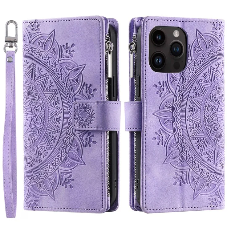 006 Für iPhone 16 Pro Case Mandala Flower Zipper Pocket Ledertelefon-Abdeckung - Lila