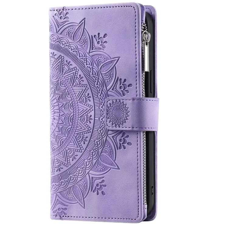 006 Für iPhone 16 Pro Case Mandala Flower Zipper Pocket Ledertelefon-Abdeckung - Lila