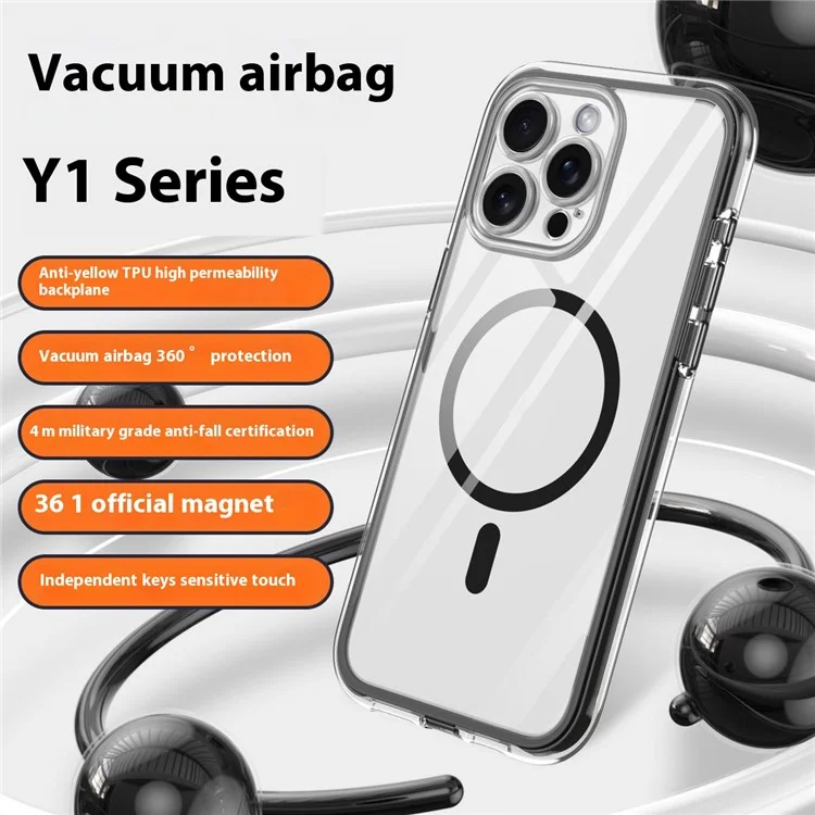 Serie Y1 per iPhone 13 Pro Max Custodia magnetica Airbag Protection PC + TPU Custodia telefonica trasparente - Nero