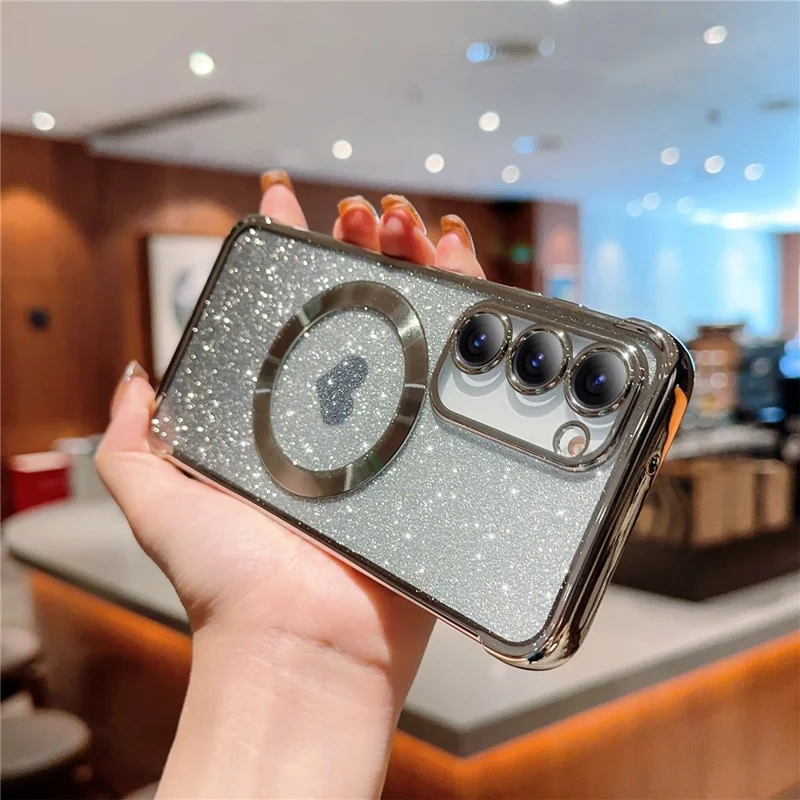 For Samsung Galaxy S23+ Magnetic Case TPU Gradient Glitter Love Heart Phone Cover - Silver