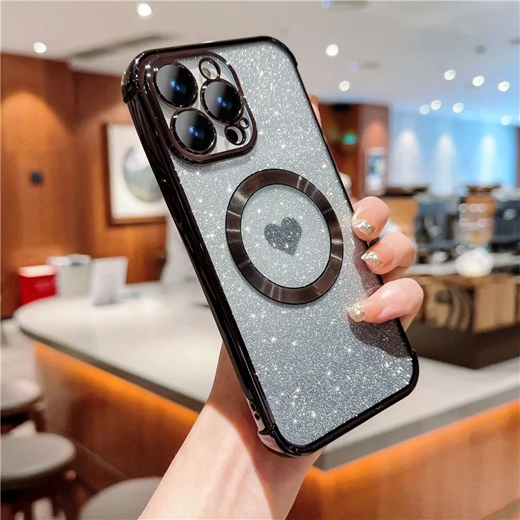 Coque magnétique pour iPhone 15 Pro Max, en TPU souple avec dos transparent et design paillettes dégradées en forme de coeur - Noir