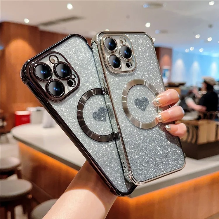Coque magnétique pour iPhone 15 Pro Max, en TPU souple avec dos transparent et design paillettes dégradées en forme de coeur - Noir