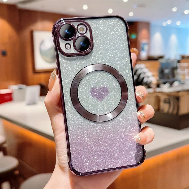 For iPhone 14 Case Compatible with MagSafe Electroplating TPU Phone Cover Aesthetic Glitter Love Heart - Dark Purple