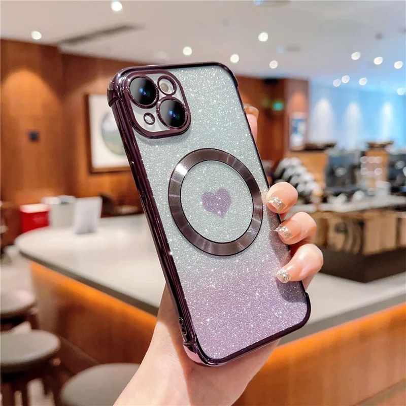 For iPhone 14 Case Compatible with MagSafe Electroplating TPU Phone Cover Aesthetic Glitter Love Heart - Dark Purple