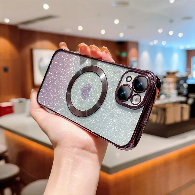 For iPhone 14 Case Compatible with MagSafe Electroplating TPU Phone Cover Aesthetic Glitter Love Heart - Dark Purple