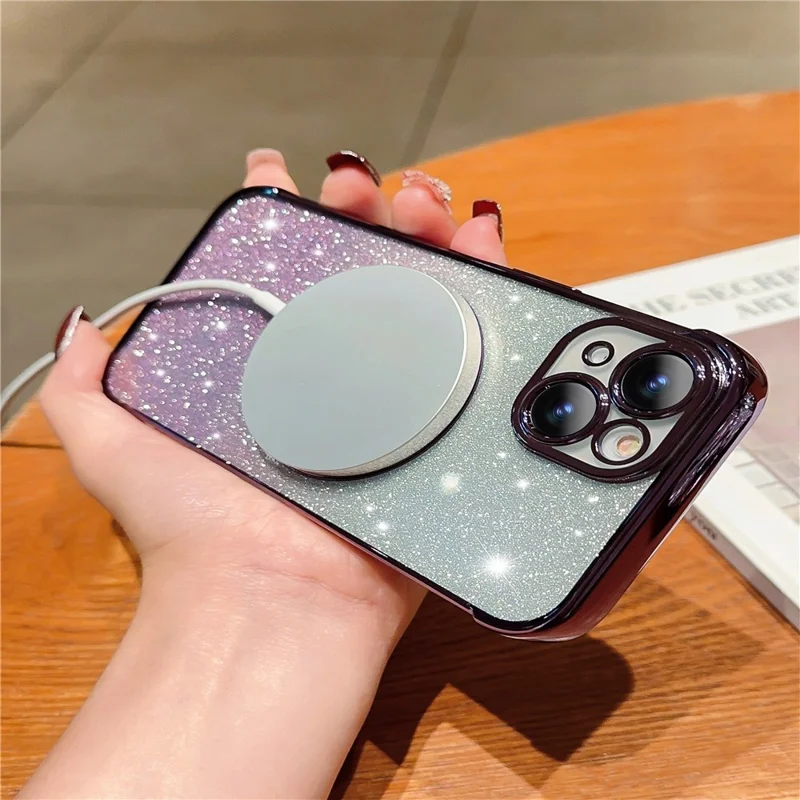 For iPhone 14 Case Compatible with MagSafe Electroplating TPU Phone Cover Aesthetic Glitter Love Heart - Dark Purple