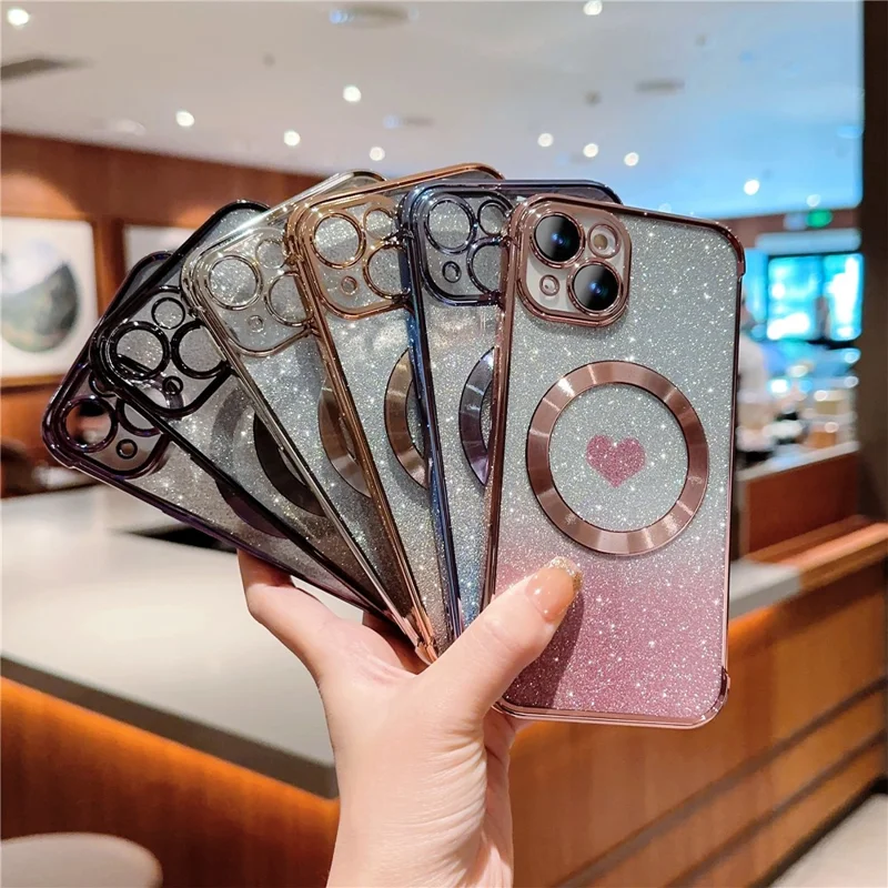 For iPhone 14 Case Compatible with MagSafe Electroplating TPU Phone Cover Aesthetic Glitter Love Heart - Dark Purple