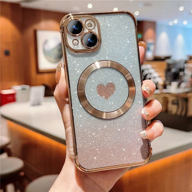 Coque pour iPhone 15 compatible avec MagSafe Gradient Love Heart Electroplating TPU Phone Cover - Or