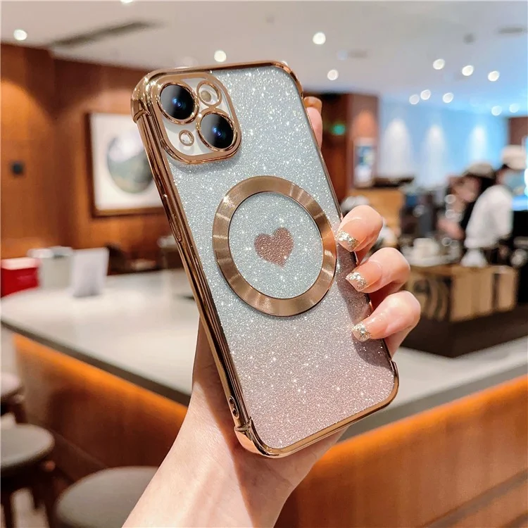Coque pour iPhone 15 compatible avec MagSafe Gradient Love Heart Electroplating TPU Phone Cover - Or