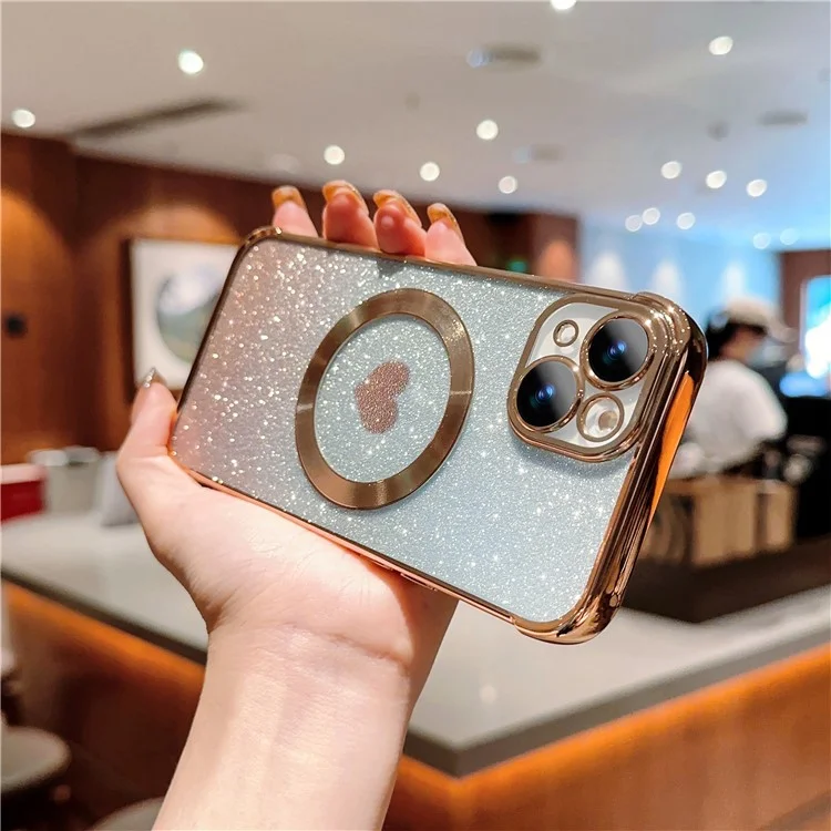 Coque pour iPhone 15 compatible avec MagSafe Gradient Love Heart Electroplating TPU Phone Cover - Or