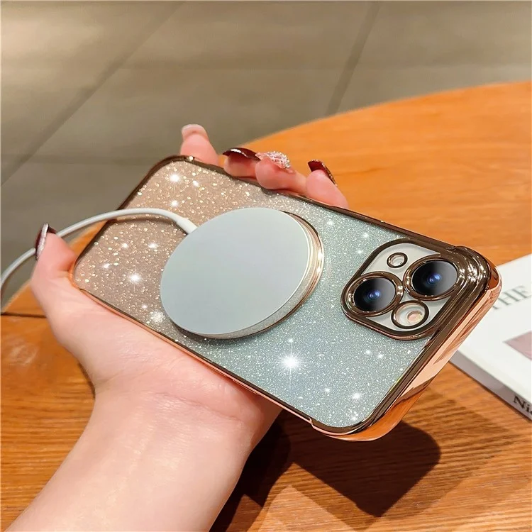 Coque pour iPhone 15 compatible avec MagSafe Gradient Love Heart Electroplating TPU Phone Cover - Or