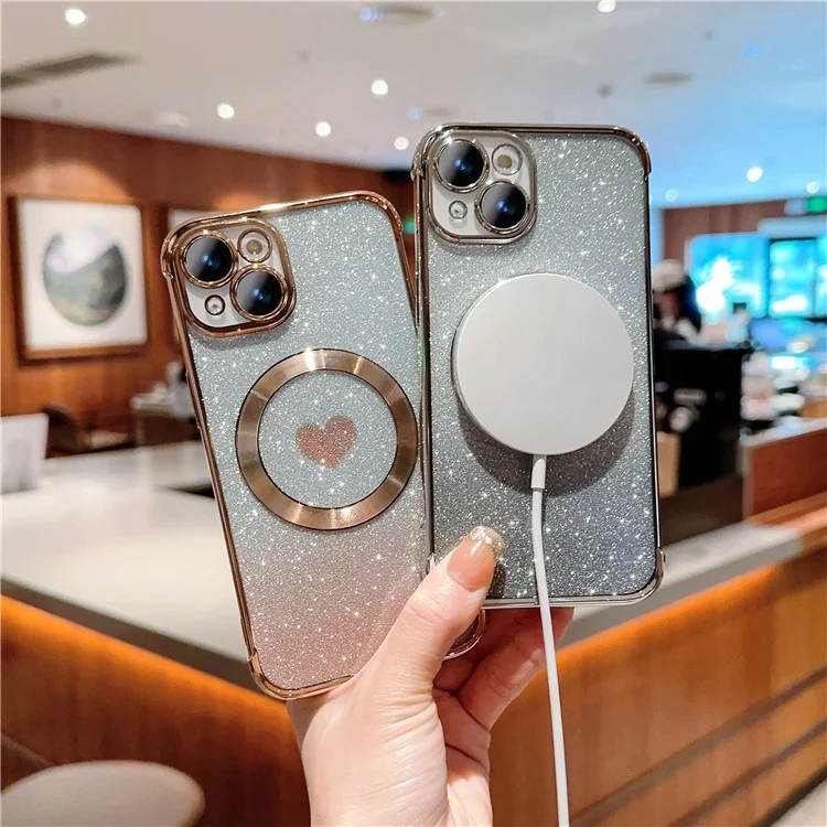 Coque pour iPhone 15 compatible avec MagSafe Gradient Love Heart Electroplating TPU Phone Cover - Or