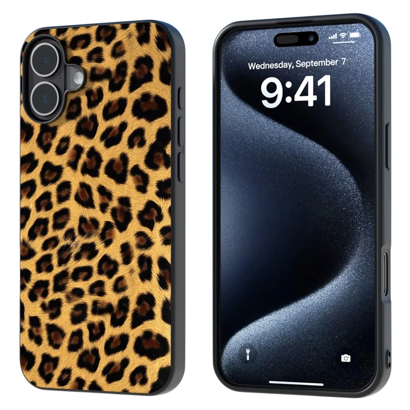 ABEEL Para iPhone 16 Case PU Leather Coated TPU Capa de Telefone Leopardo - Ouro