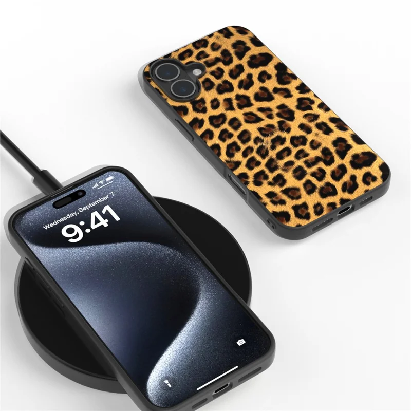 ABEEL Para iPhone 16 Case PU Leather Coated TPU Capa de Telefone Leopardo - Ouro