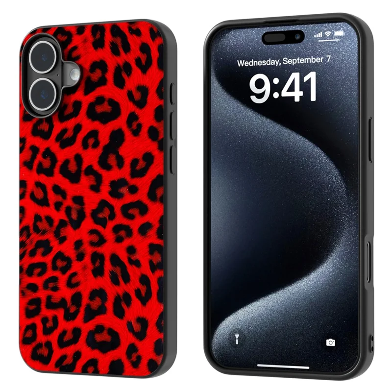 ABEEL Para iPhone 16 Case Funda de Piel PU Recubierta de TPU Estampado de Leopardo - Rojo