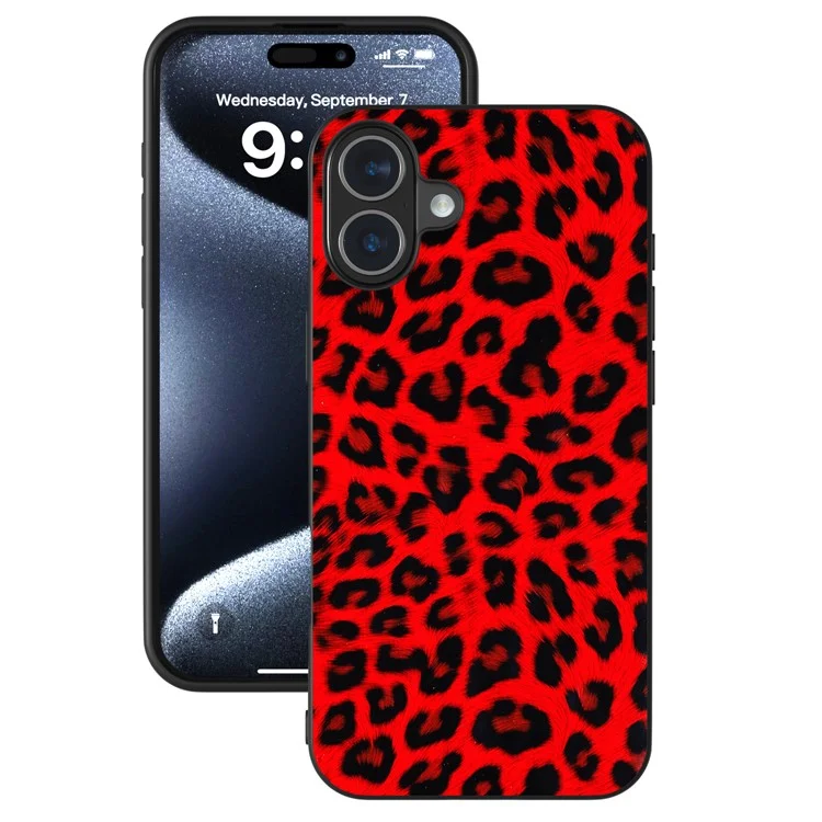 ABEEL Para iPhone 16 Case Funda de Piel PU Recubierta de TPU Estampado de Leopardo - Rojo