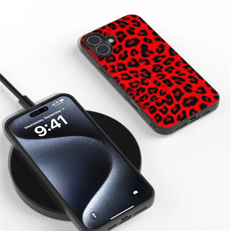 ABEEL Para iPhone 16 Case Funda de Piel PU Recubierta de TPU Estampado de Leopardo - Rojo