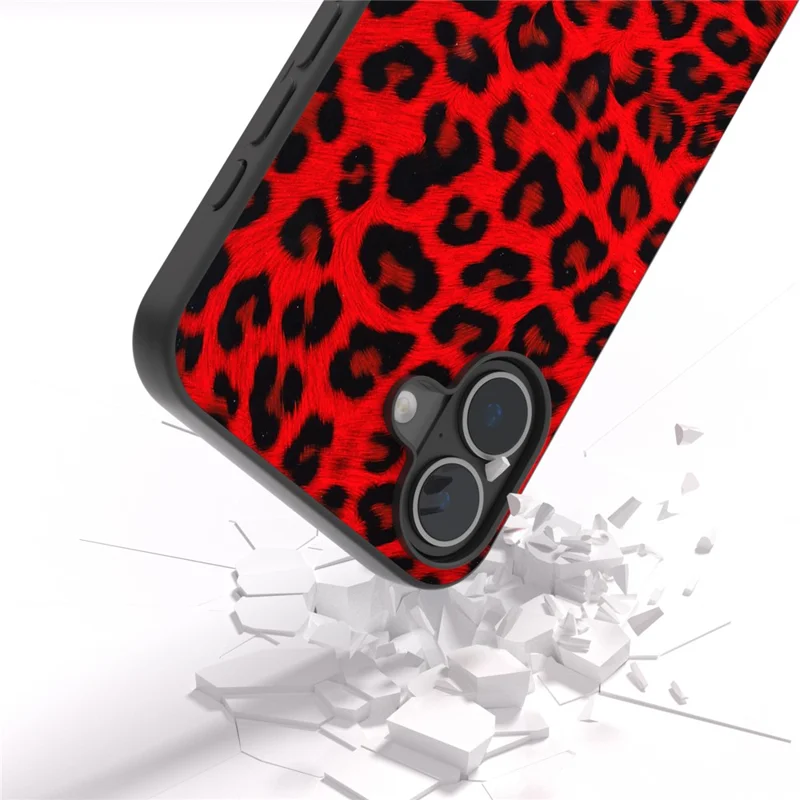 ABEEL Para iPhone 16 Case Funda de Piel PU Recubierta de TPU Estampado de Leopardo - Rojo