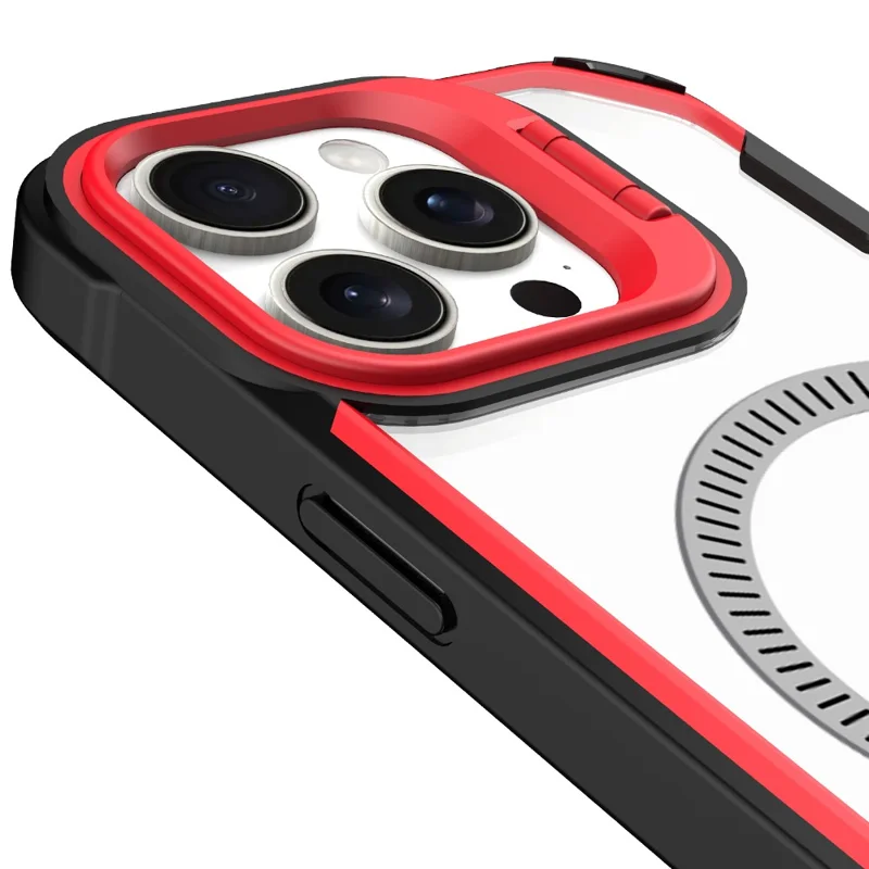 For iPhone 16 Pro Max Case PC+TPU+Acrylic Back Cover with Lens Kickstand Compatible with MagSafe - Orange