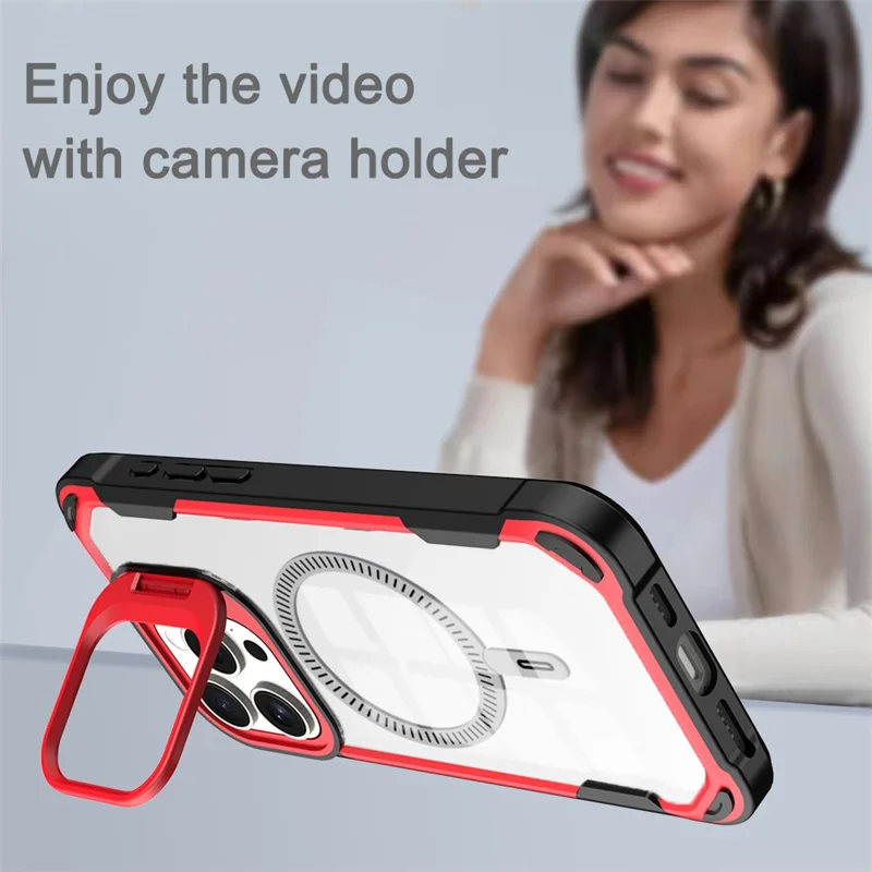 For iPhone 16 Pro Max Case PC+TPU+Acrylic Back Cover with Lens Kickstand Compatible with MagSafe - Orange