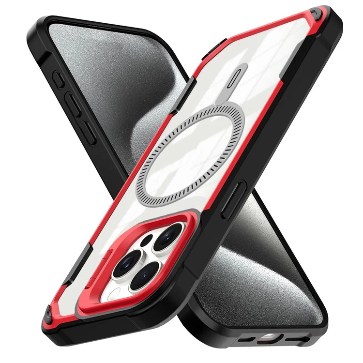 Para Iphone 14 Pro Case Pc+tpu+tampa Traseira de Acrílico Com Lente Kickstand Compatível Com MagSafe - Vermelho