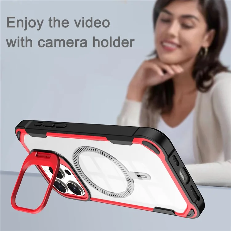 Para Iphone 14 Pro Case Pc+tpu+tampa Traseira de Acrílico Com Lente Kickstand Compatível Com MagSafe - Vermelho