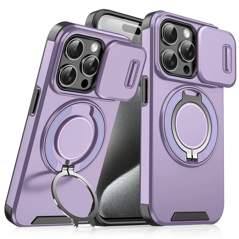 For iPhone 14 Pro Max Magnetic Case Kickstand TPU+PC Phone Case with Camera Lens Slide Lid - Purple