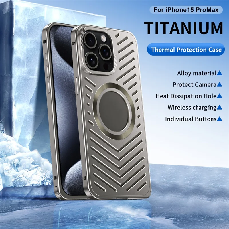For iPhone 15 Pro Max Case Heat Dissipation Hollow Aluminium Alloy Phone Cover - Titanium