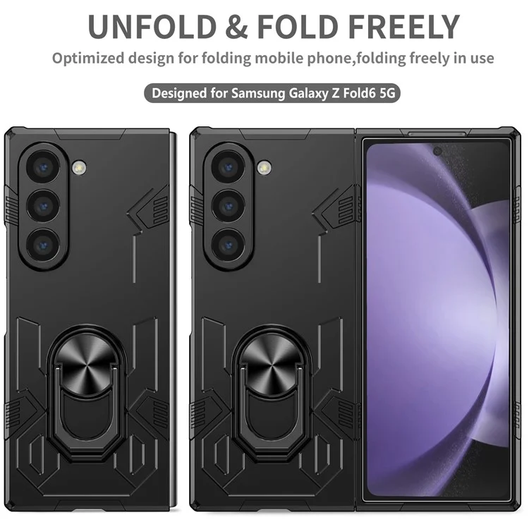 Для Samsung Galaxy Z Fold6 5G Чехол PC Hard Phone Cover с держателем кольца и подставкой - Черный