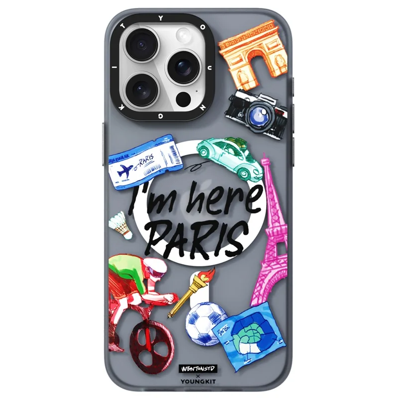 YOUNGKIT I'm Here Paris Series For iPhone 15 Pro Magnetic Case IMD Pattern PC+TPU Phone Cover