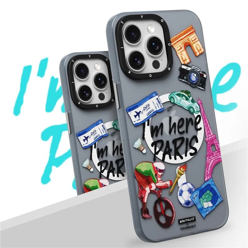 YOUNGKIT I'm Here Paris Series For iPhone 15 Pro Magnetic Case IMD Pattern PC+TPU Phone Cover