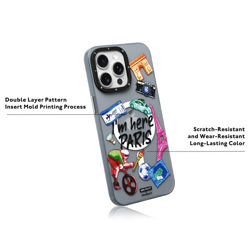 YOUNGKIT I'm Here Paris Series For iPhone 15 Pro Magnetic Case IMD Pattern PC+TPU Phone Cover