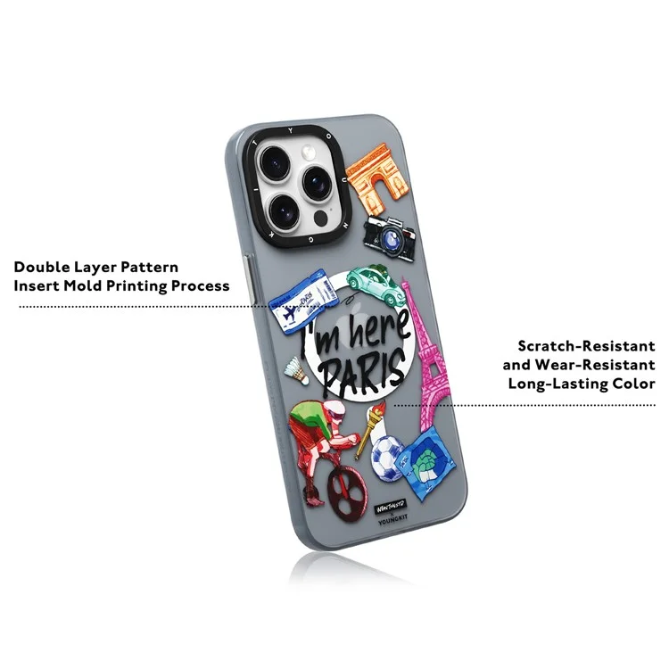 YOUNGKIT I'm Here Paris Series per iPhone 15 Pro Max Custodia Magnetica Airbag Protettiva PC+TPU Custodia per Telefono