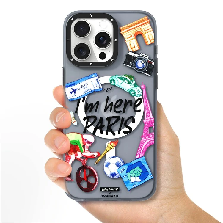 YOUNGKIT I'm Here Paris Series per iPhone 15 Pro Max Custodia Magnetica Airbag Protettiva PC+TPU Custodia per Telefono