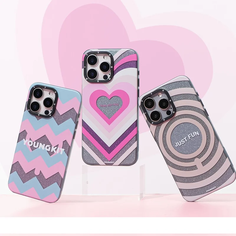 YOUNGKIT Dazzling Series For iPhone 15 Pro Max Magnetic Case Cute Pattern Hard PC Back Protective Cover - Heart