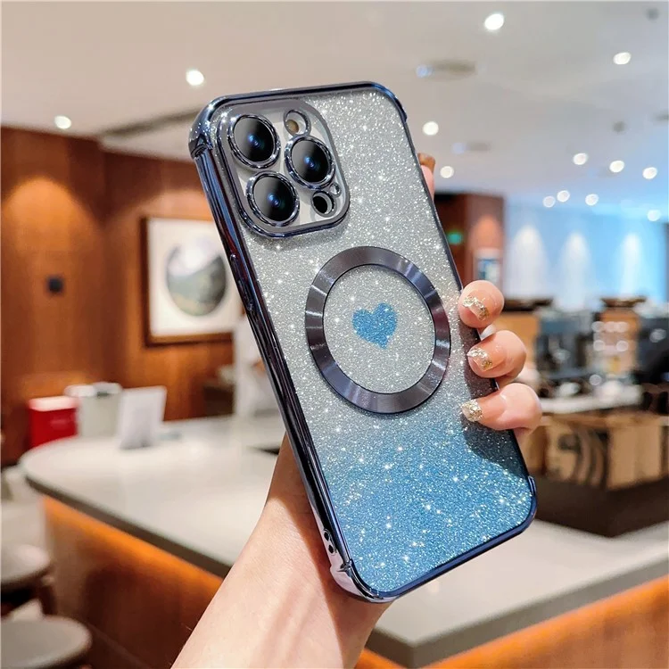 Для iPhone 14 Pro Glitter Case Compatible with MagSafe TPU Phone Cover Love Heart Electroplating - Blue