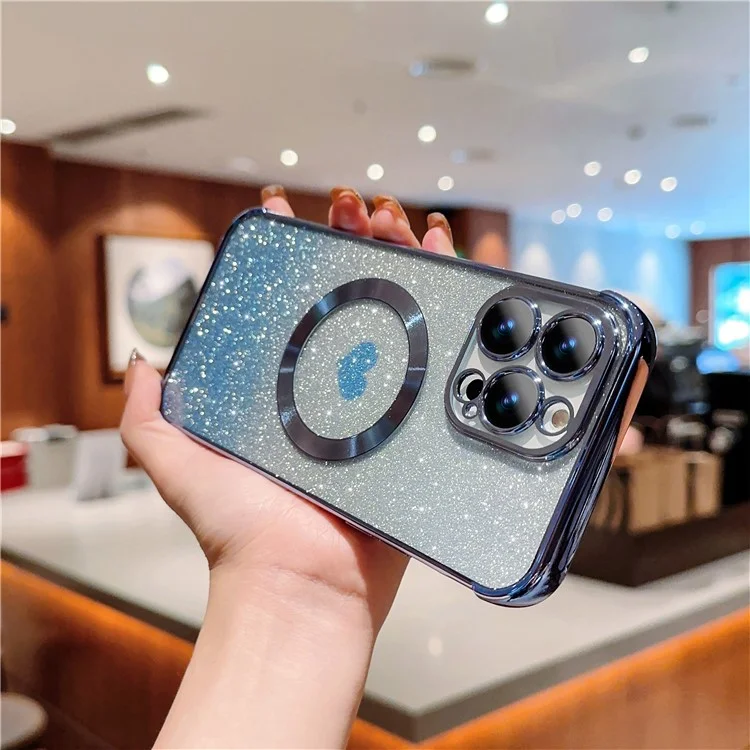 Для iPhone 14 Pro Glitter Case Compatible with MagSafe TPU Phone Cover Love Heart Electroplating - Blue