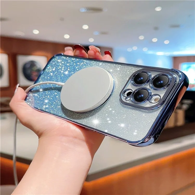 Для iPhone 14 Pro Glitter Case Compatible with MagSafe TPU Phone Cover Love Heart Electroplating - Blue
