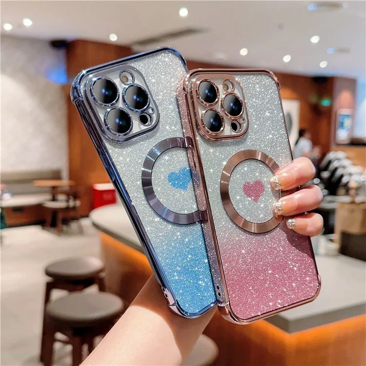 Для iPhone 14 Pro Glitter Case Compatible with MagSafe TPU Phone Cover Love Heart Electroplating - Blue