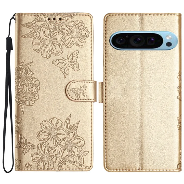 Per Google Pixel 9 Case Butterfly Flower Pattern PU Leather Wallet Stand Phone Cover - Oro