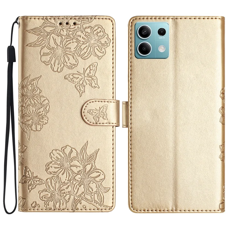 For Xiaomi Redmi Note 13 5G Case Butterfly Flower Drop-Proof PU Leather Wallet Phone Cover - Gold