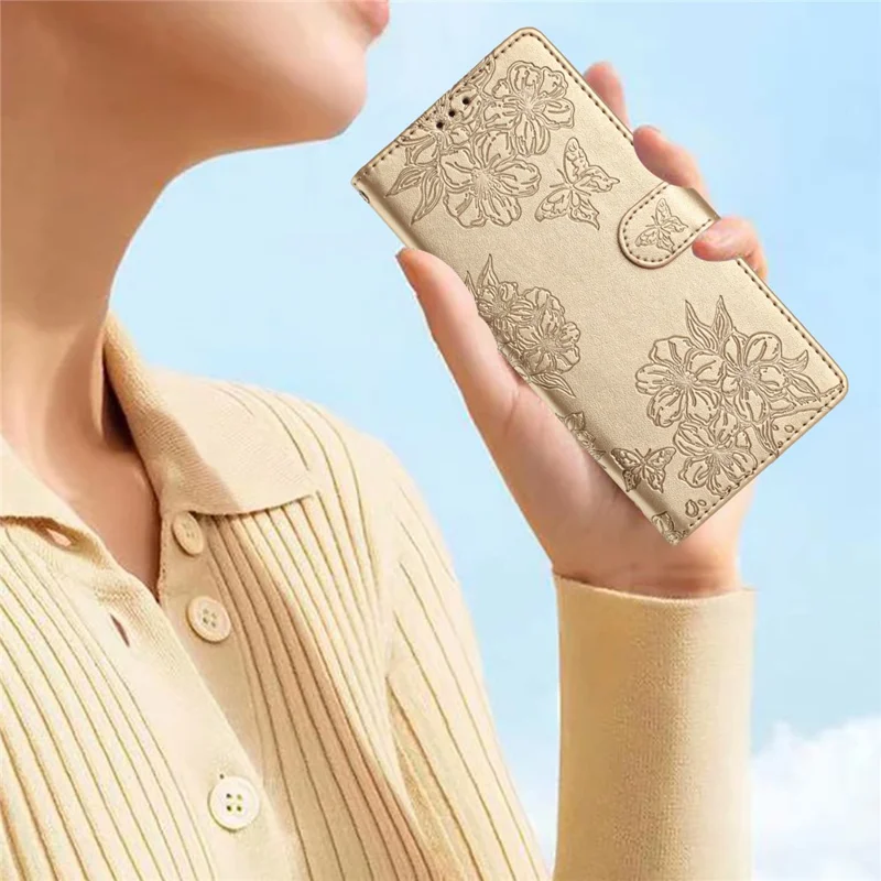 For Xiaomi Redmi Note 13 5G Case Butterfly Flower Drop-Proof PU Leather Wallet Phone Cover - Gold