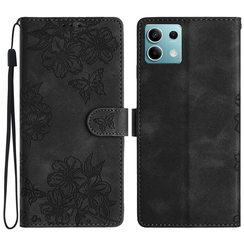 For Xiaomi Redmi Note 13 5G Case Butterfly Flower Pattern Skin-Touch Anti-Drop Leather Phone Cover - Black